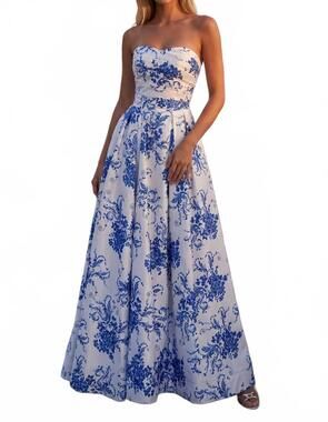 NEW KOS long floral print corset prom gown in blue
